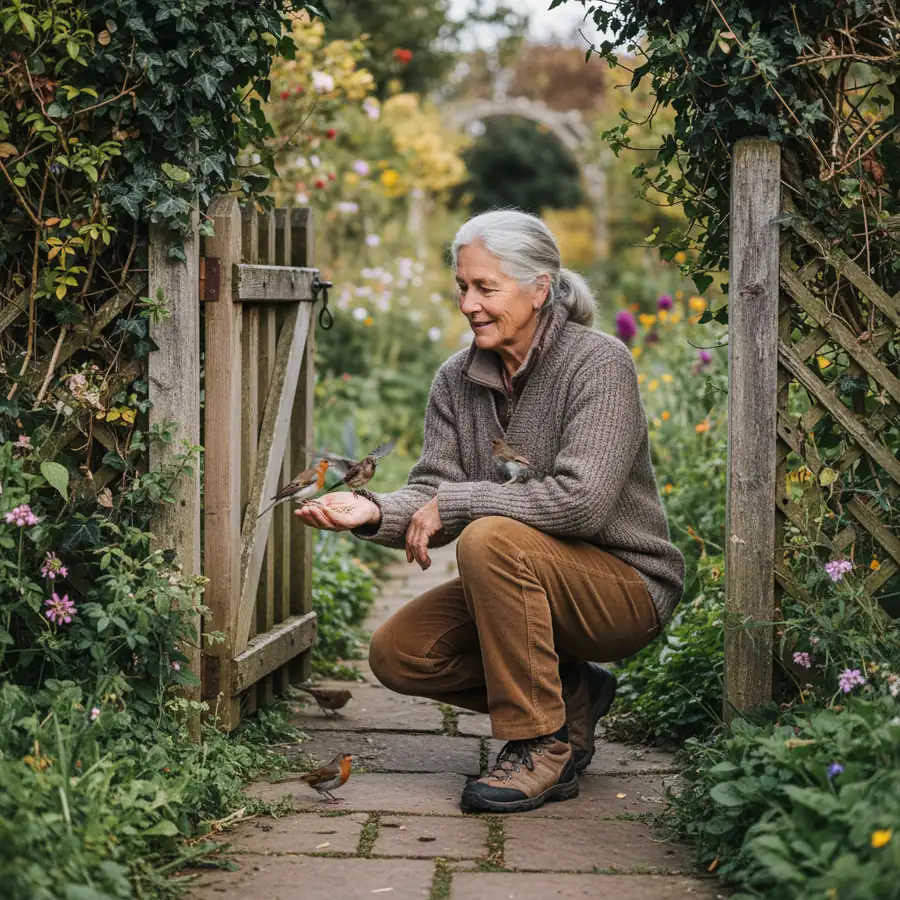 Woman in her sixties feeding birds in a garden, illustrating age-related changes in hair density