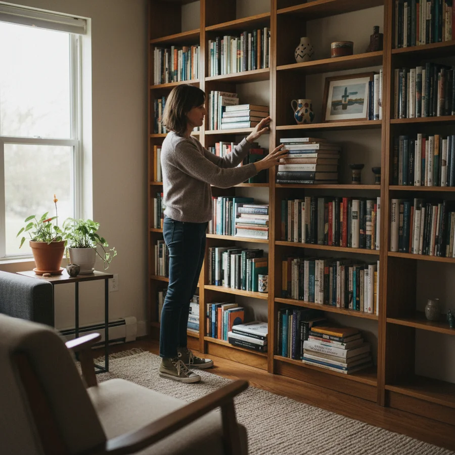 Person in their thirties tidying a bookshelf, illustrating everyday stress and routine that affect hair